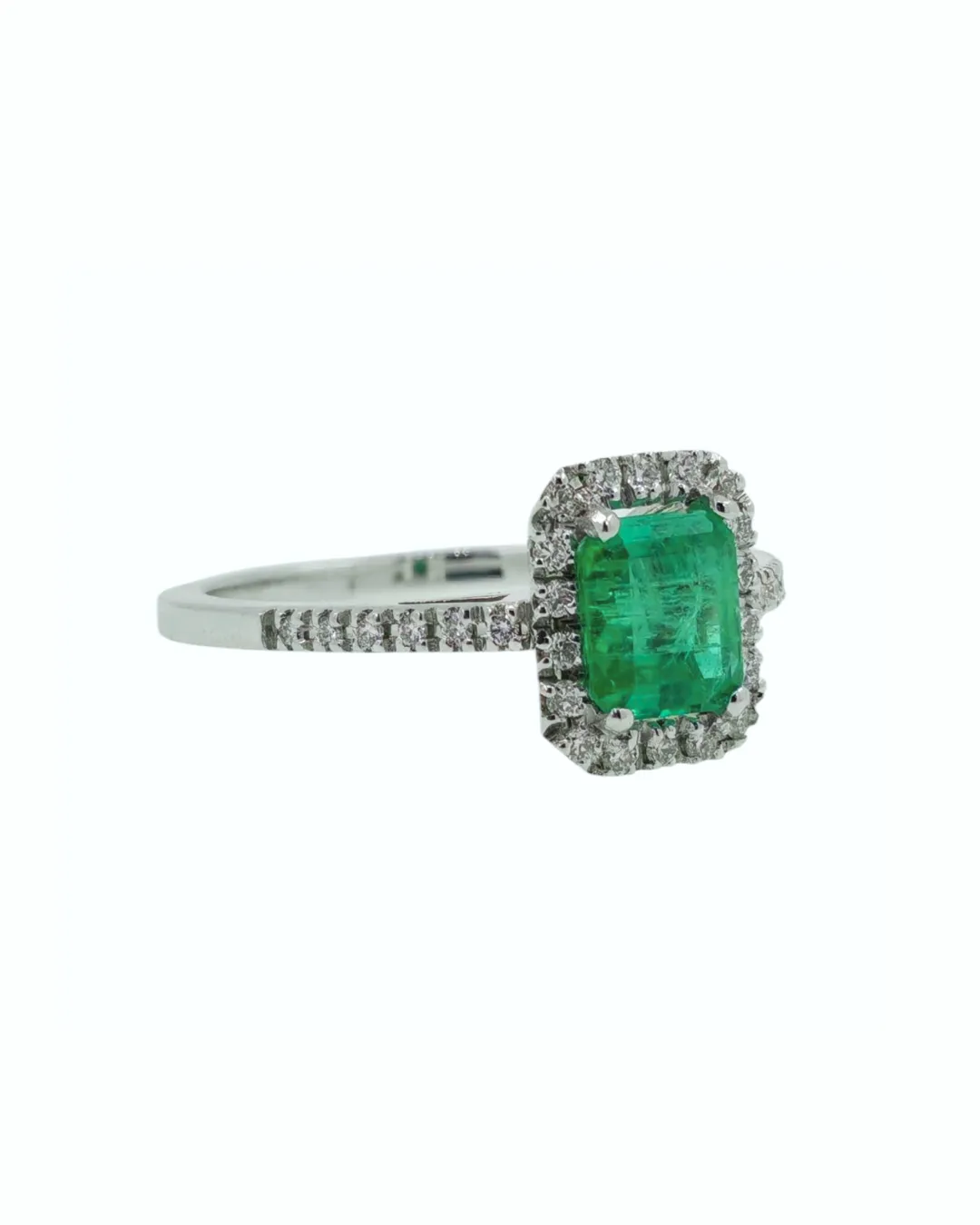 Anello in oro bianco 18kt con smeraldo e diamanti, smeraldo da 0,85 carati, foto 2 di 3
