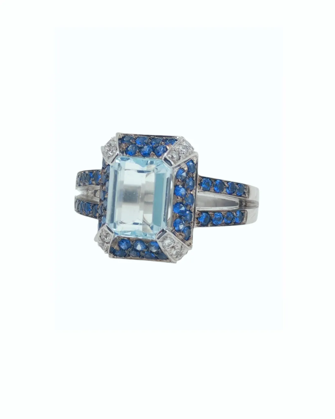 Anello in oro bianco 18kt con acquamarina, zaffiri e diamanti, foto 2 di 4