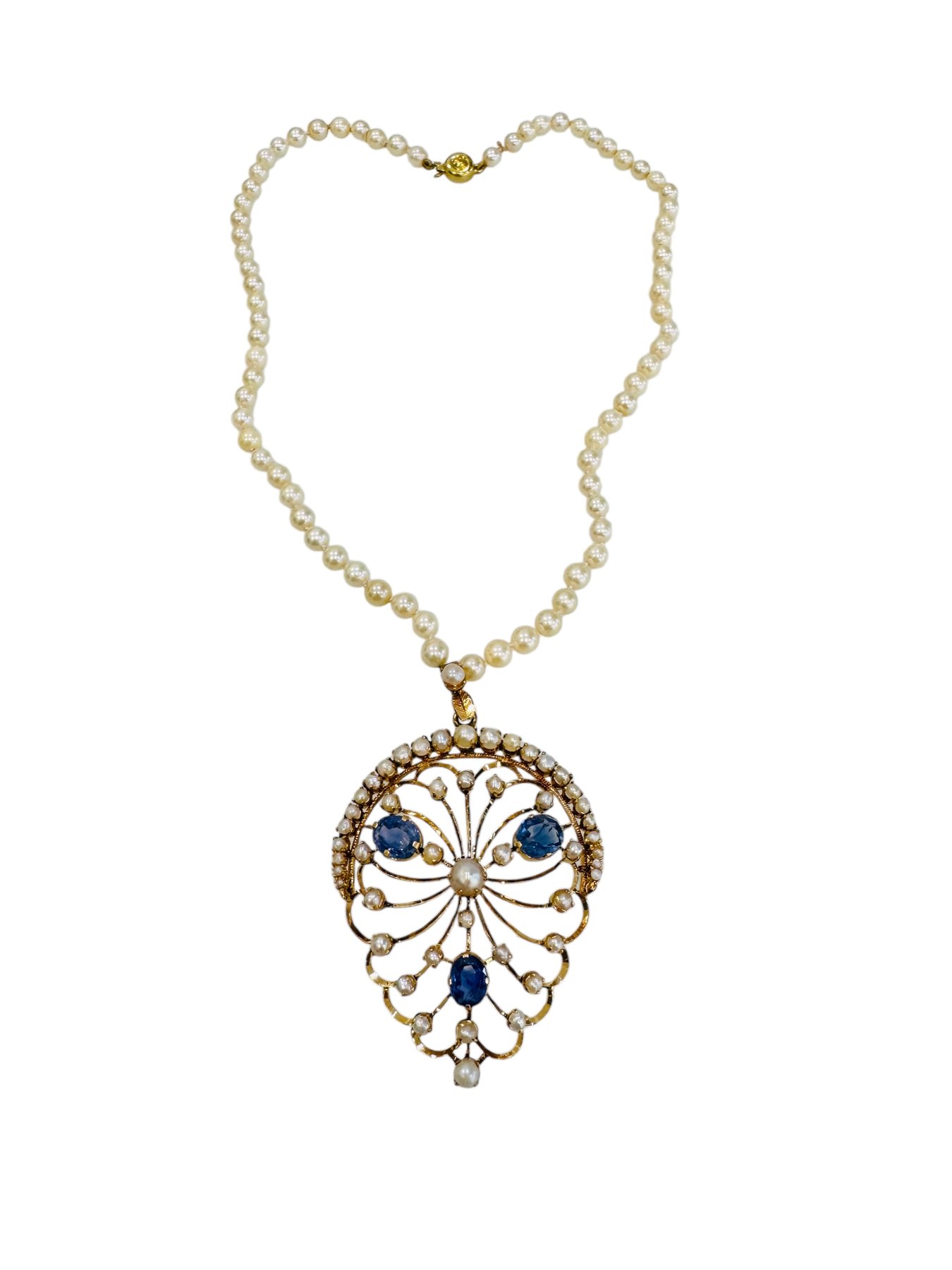 Collana in filo di perle Akoya con zaffiri Ceylon taglio ovale, foto 2 di 6