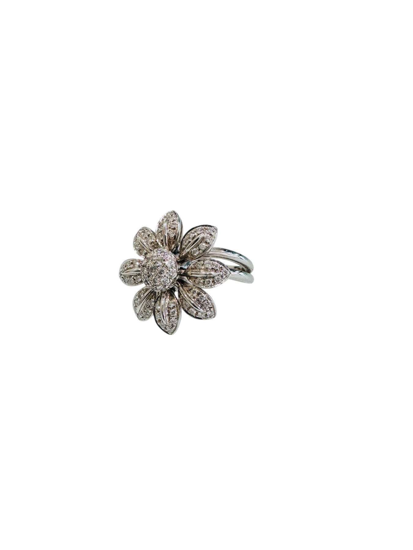 Anello floreale in oro bianco 18kt con diamanti taglio brillante rotondo, foto 3 di 4