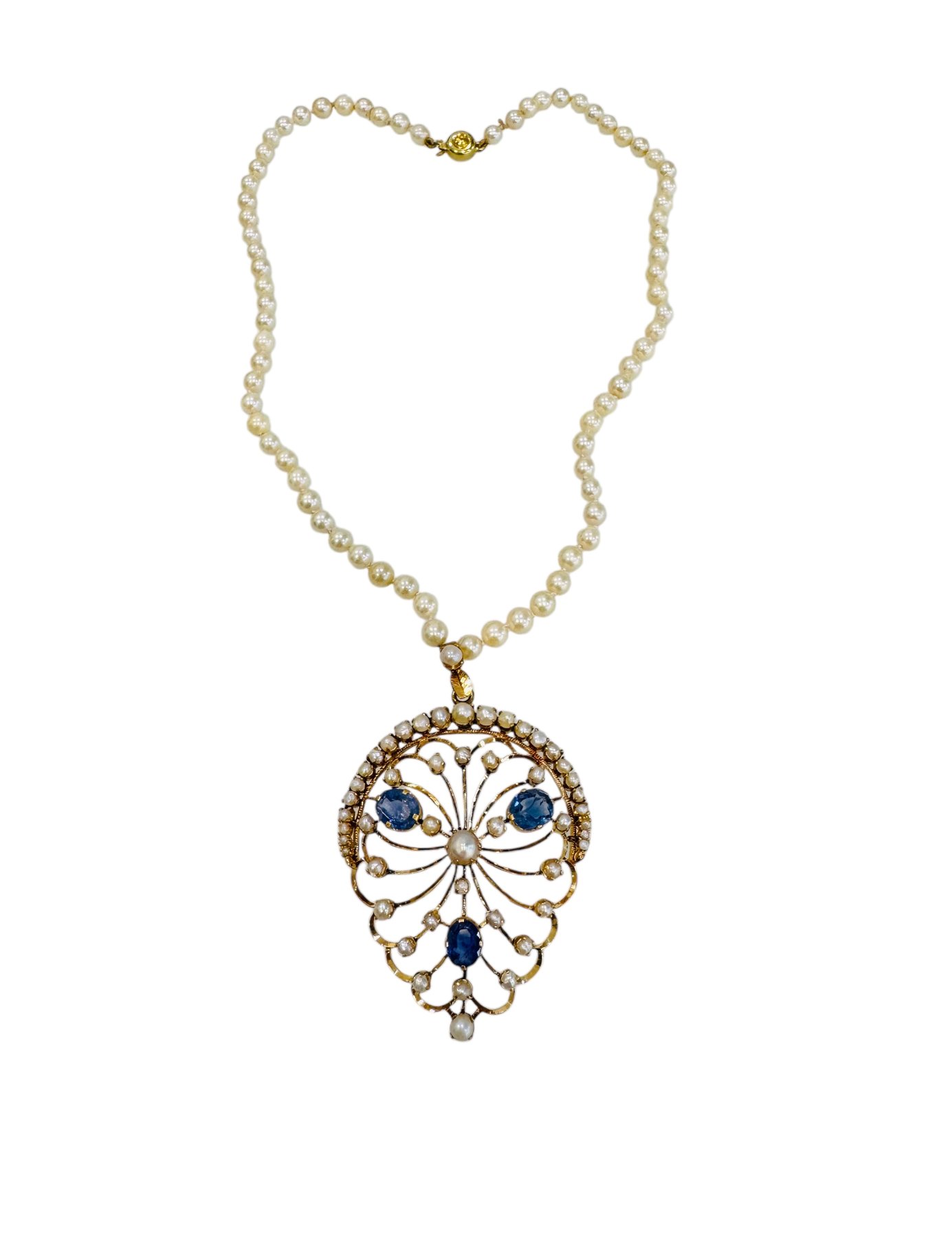 Collana in filo di perle Akoya con zaffiri Ceylon taglio ovale, foto 5 di 6