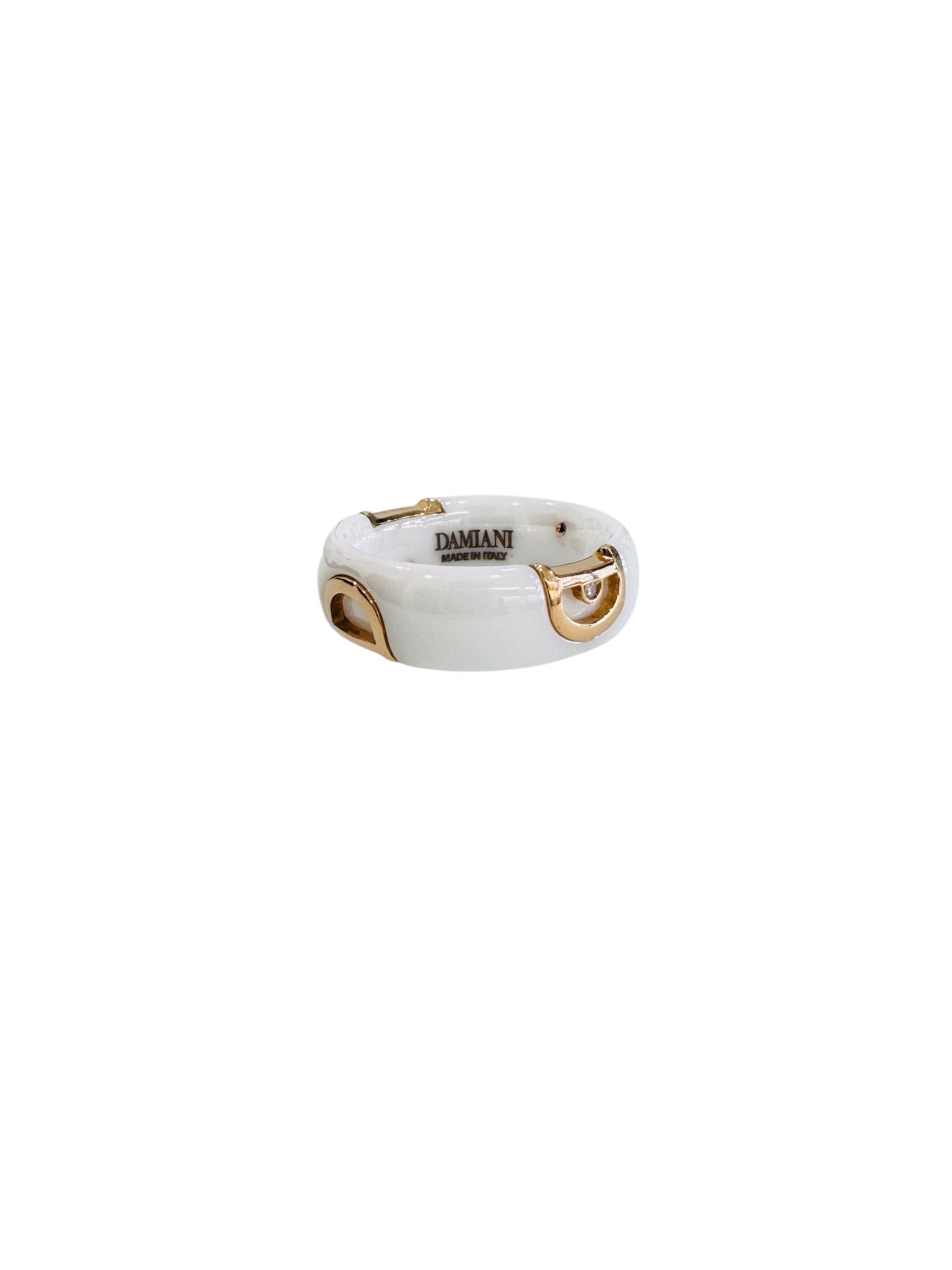 Anello in oro rosa 18kt ceramica bianca con diamante taglio brillante, firmato Damiani, foto 2 di 5