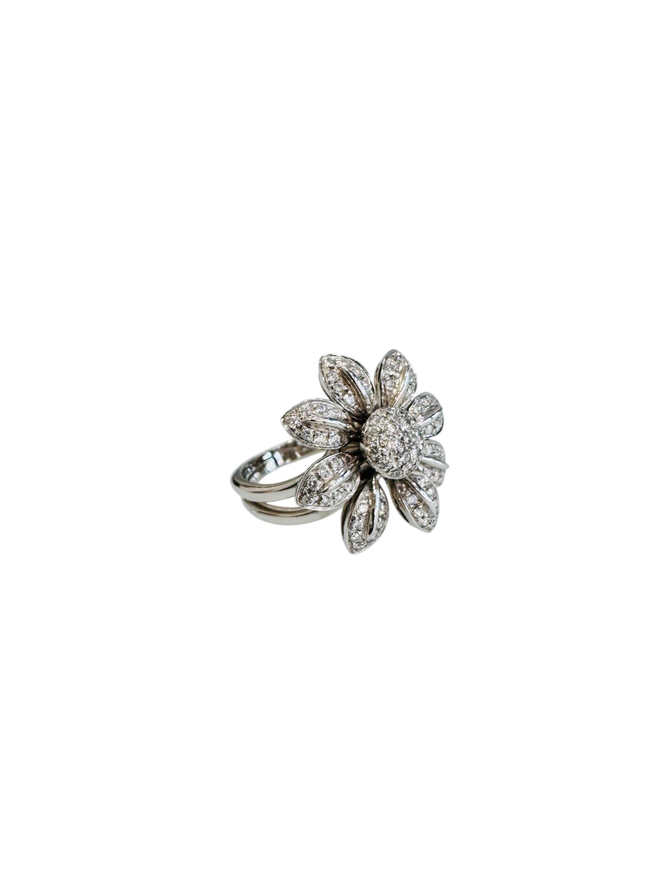 Anello floreale in oro bianco 18kt con diamanti taglio brillante rotondo, foto 2 di 4