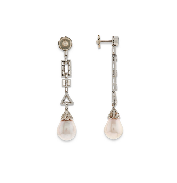 Orecchini Art Déco in platino 950 con perle naturali di acqua salata e diamanti taglio misto, foto 2 di 3