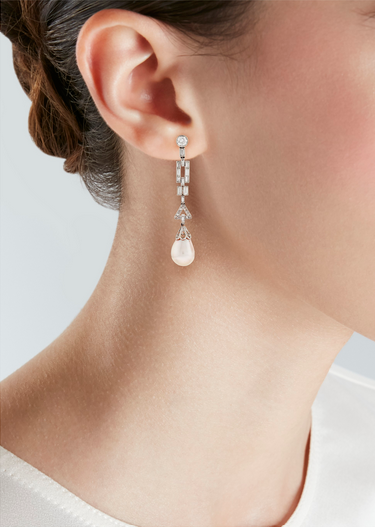 Orecchini Art Déco in platino 950 con perle naturali di acqua salata e diamanti taglio misto, foto 3 di 3