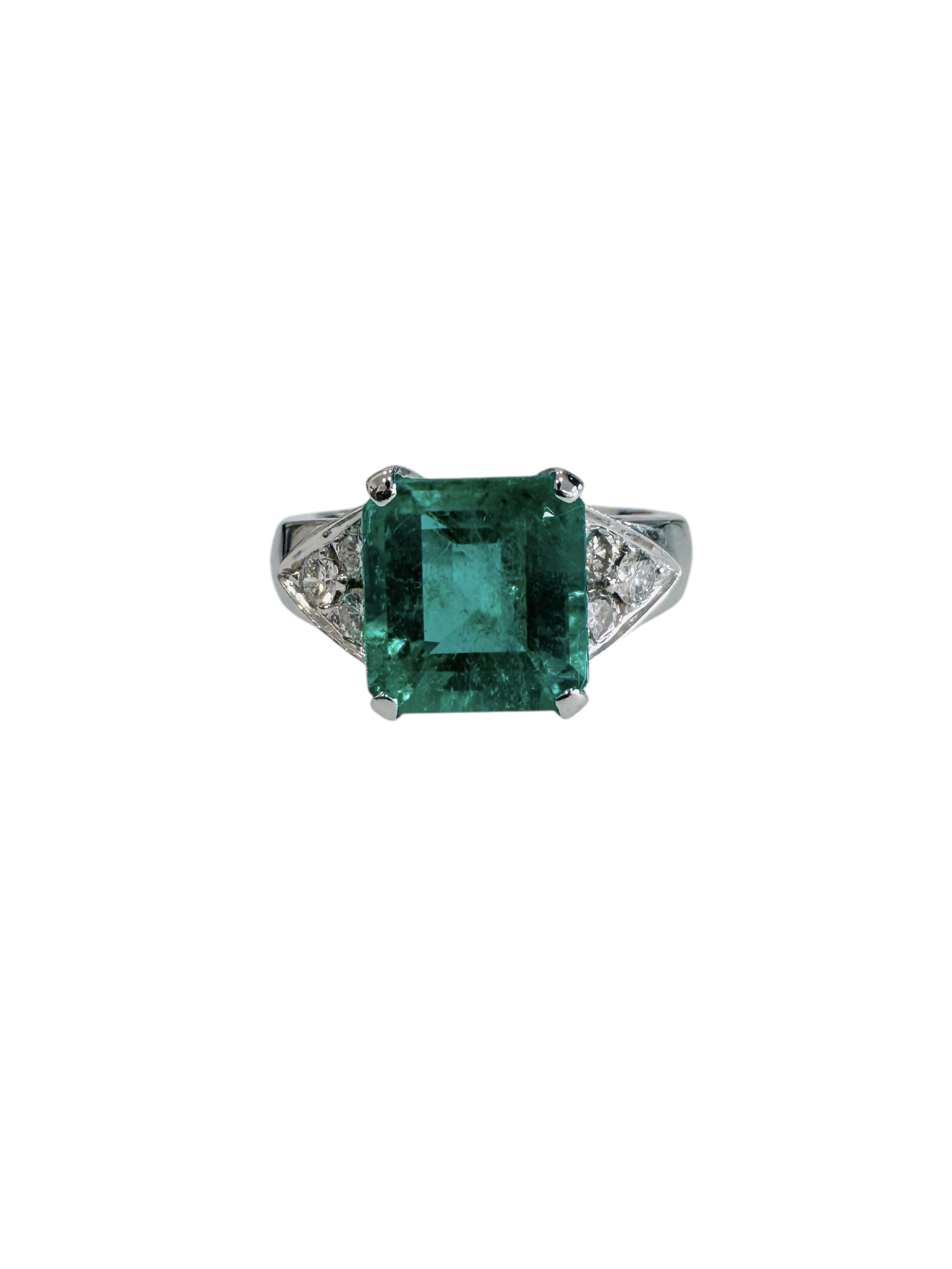 Anello in oro bianco 18kt con smeraldo e diamanti, smeraldo da 3,50 carati, foto 2 di 4