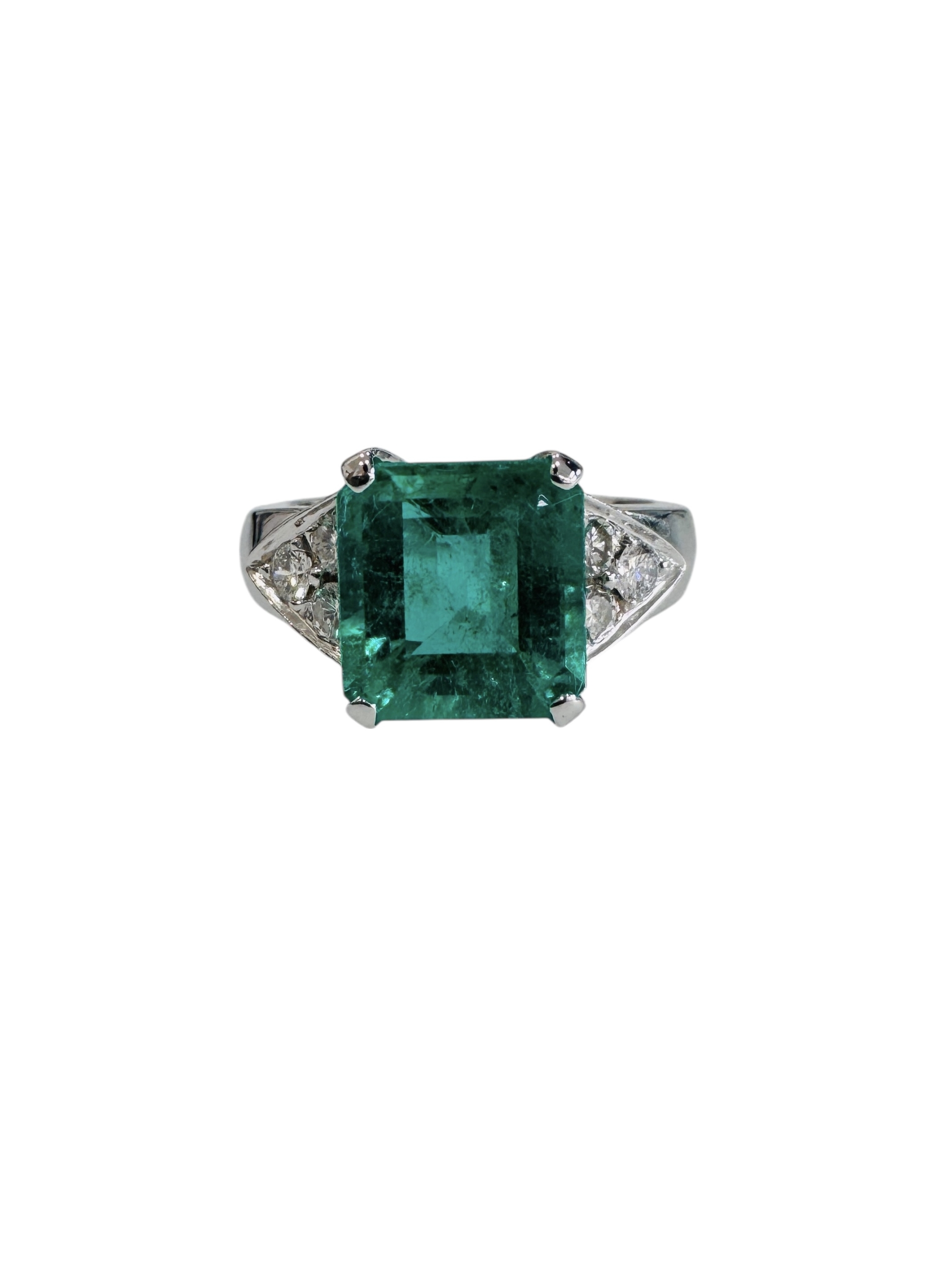 Anello in oro bianco 18kt con smeraldo e diamanti, smeraldo da 3,50 carati, foto 3 di 4