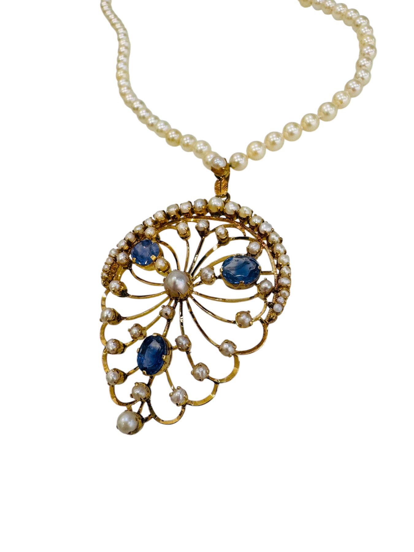 Collana in filo di perle Akoya con zaffiri Ceylon taglio ovale, foto 6 di 6