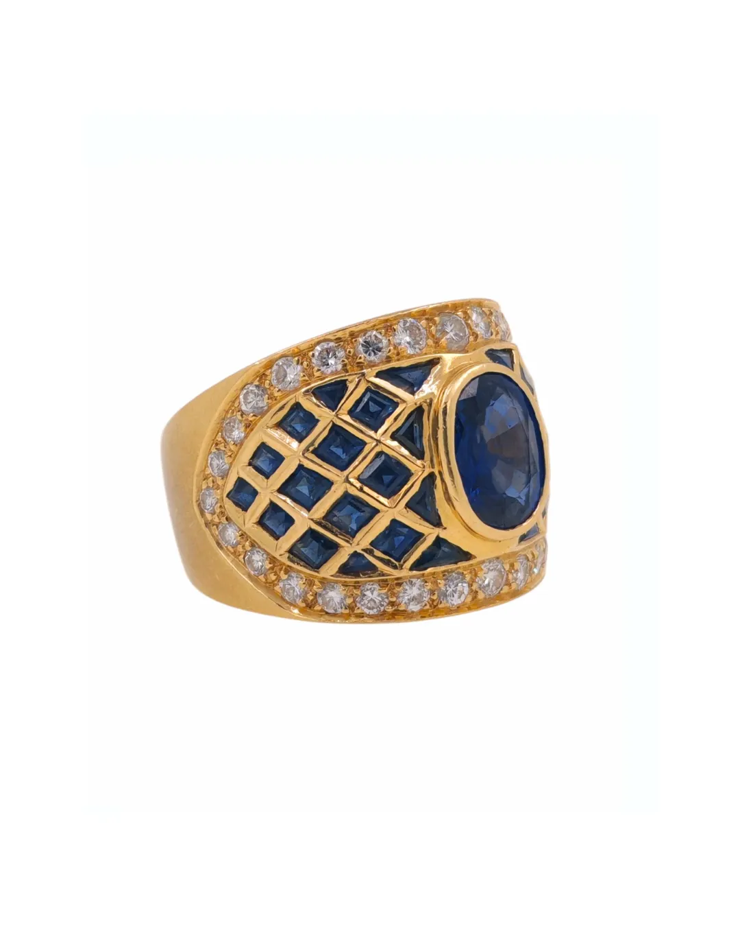 Anello in oro giallo 18kt con zaffiro ovale al centro, impreziosito da zaffiri e diamanti, foto 2 di 4