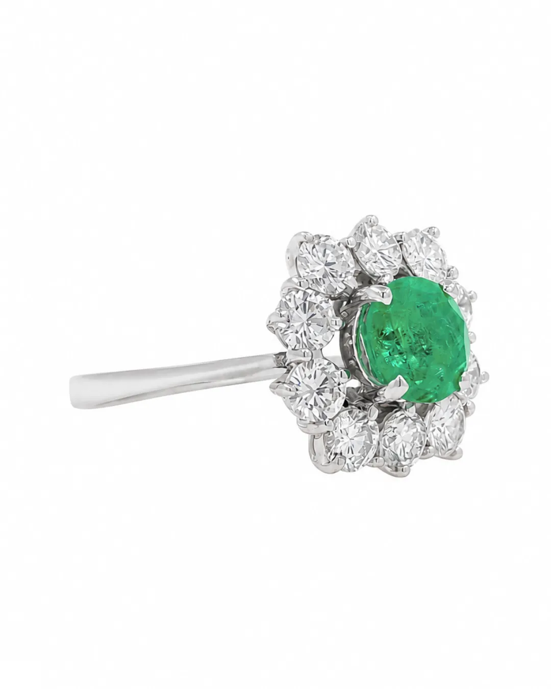 Anello margherita in oro bianco 18kt con smeraldo centrale e diamanti, foto 2 di 5