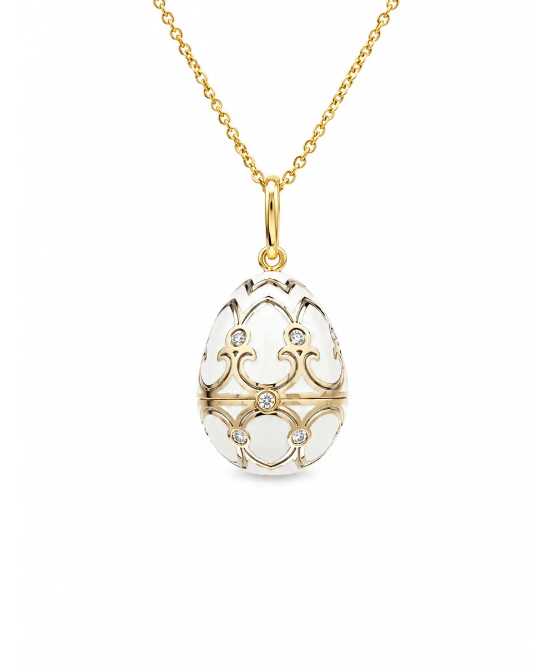 Collana Fabergé in oro bianco e giallo 18kt con medaglione apribile, diamanti e foca in lacca bianca, foto 2 di 8