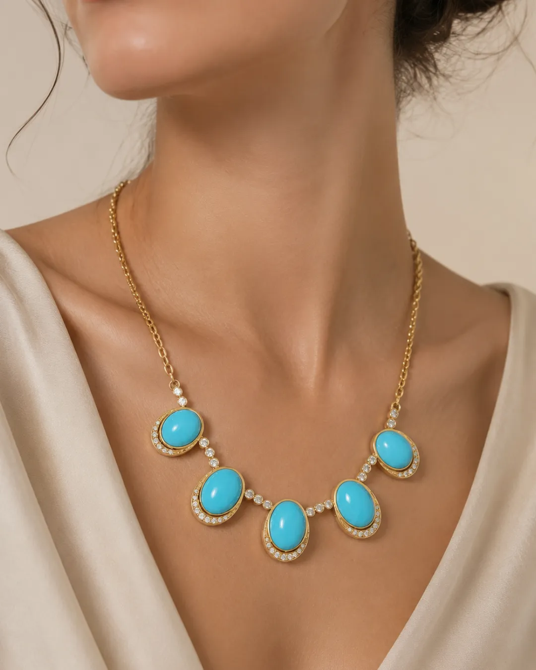 Collana in oro giallo 18kt con turchesi naturali e diamanti, foto 2 di 2