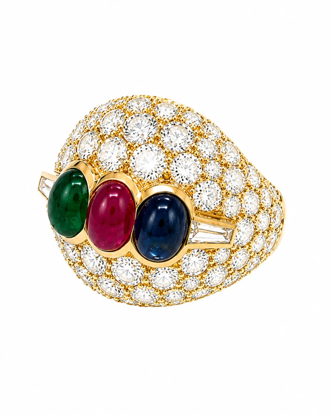 Anello in oro giallo 18kt con pavé di diamanti, rubino, smeraldo e zaffiro, foto 2 di 3