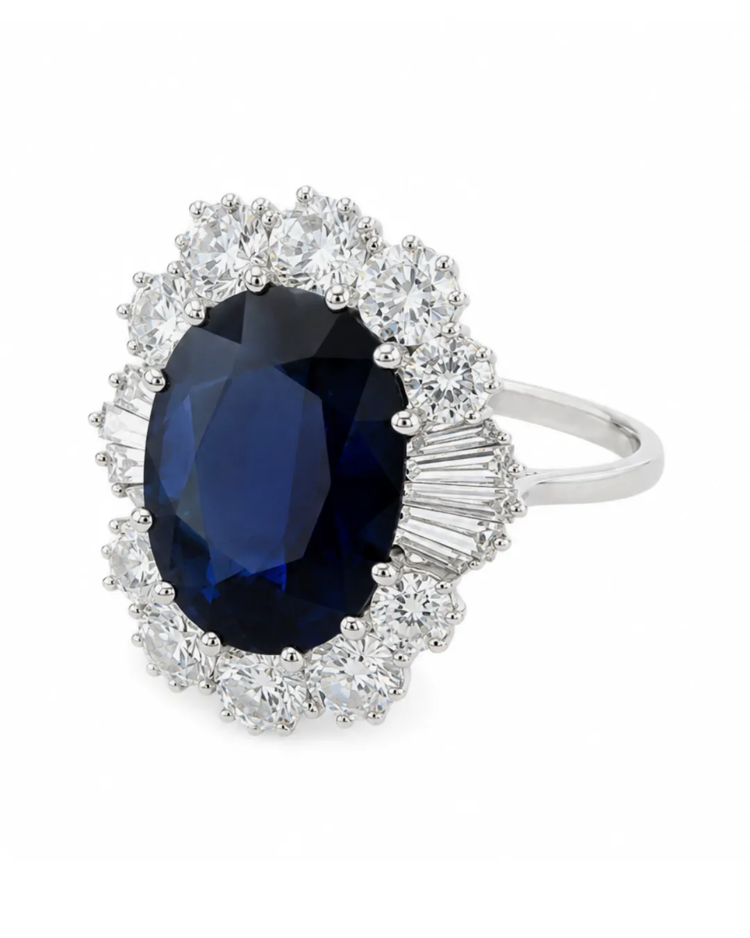 Anello in oro bianco 18kt con zaffiro centrale e diamanti brillanti, zaffiro da 3,50 carati circa, foto 2 di 4