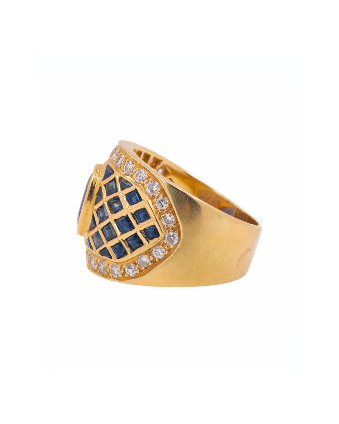 Anello in oro giallo 18kt con zaffiro ovale al centro, impreziosito da zaffiri e diamanti, foto 3 di 4