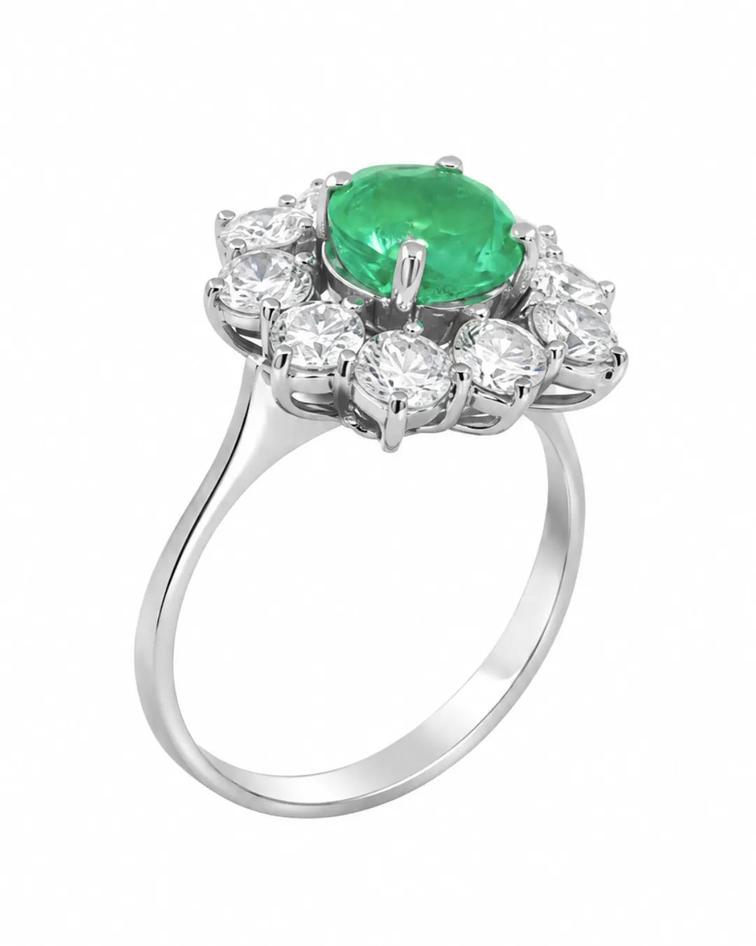 Anello margherita in oro bianco 18kt con smeraldo centrale e diamanti, foto 3 di 5