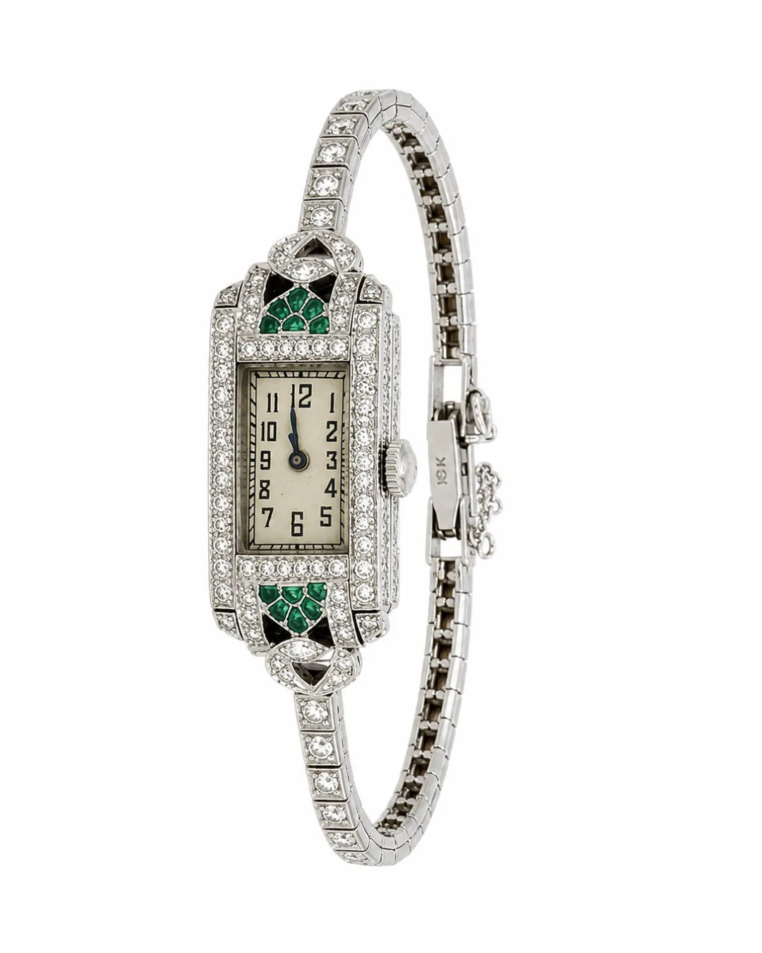 Bracciale-orologio in oro bianco 18kt con diamanti e smeraldi, foto 3 di 4