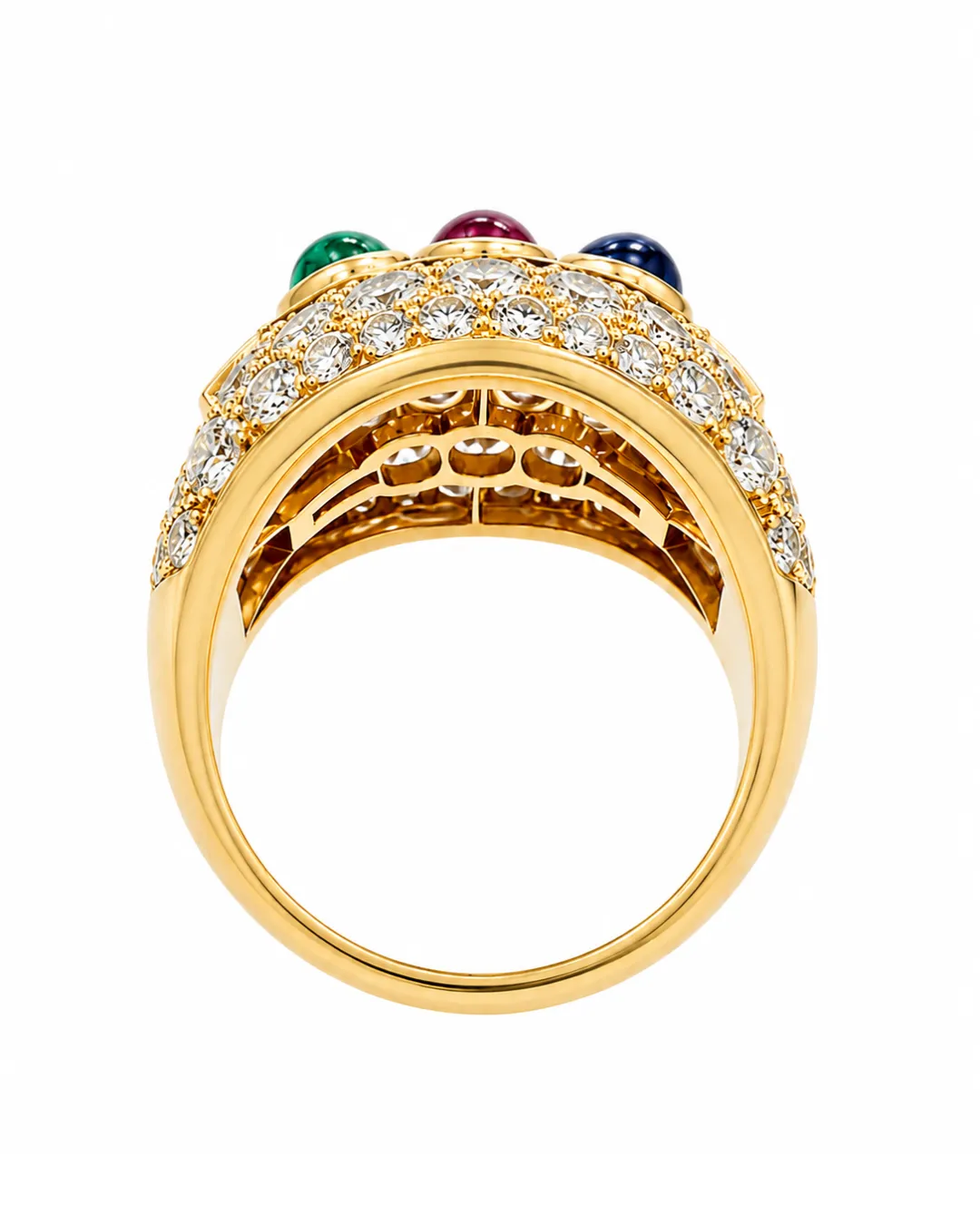 Anello in oro giallo 18kt con pavé di diamanti, rubino, smeraldo e zaffiro, foto 3 di 3