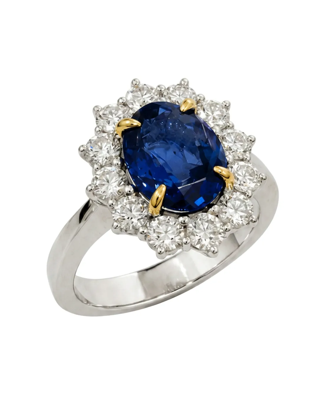 Anello in oro bianco 18kt con zaffiro centrale e diamanti brillanti, zaffiro da 3,05 carati circa, foto 3 di 5