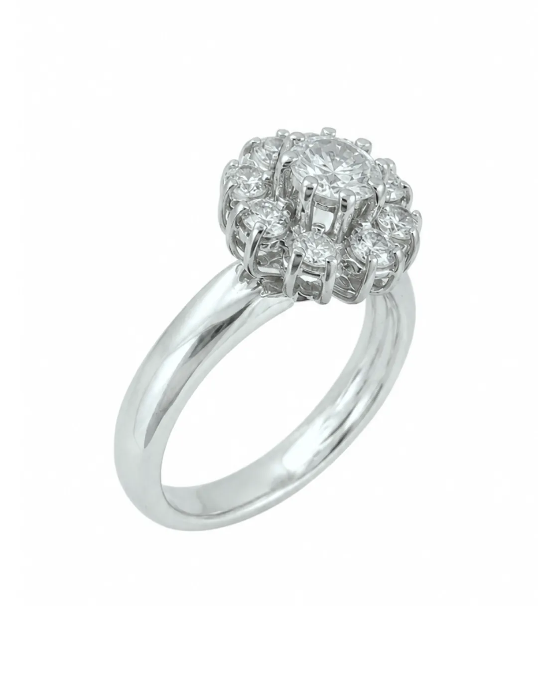 Anello margherita in oro bianco 18kt con diamanti brillanti, diamante centrale da 0,47 carati, foto 3 di 5
