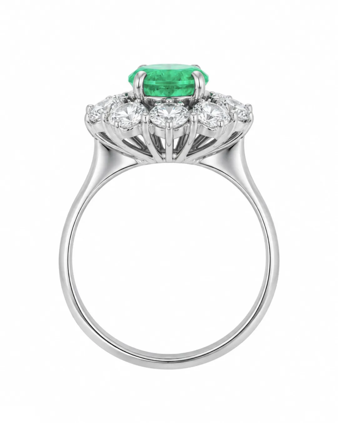 Anello margherita in oro bianco 18kt con smeraldo centrale e diamanti, foto 4 di 5