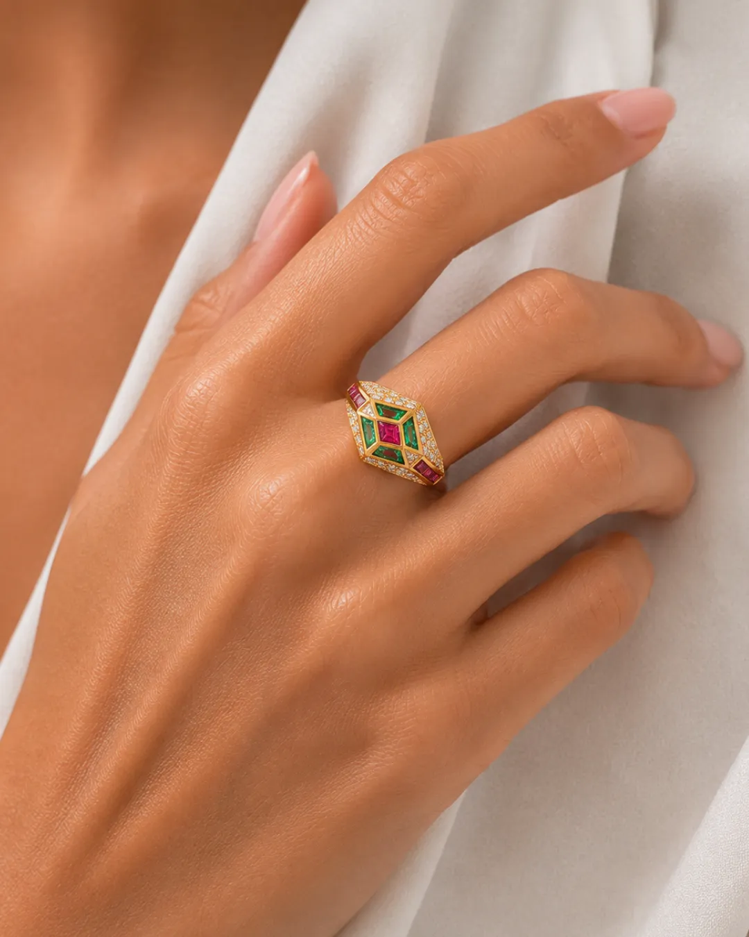 Anello in oro giallo 18kt con diamanti, smeraldi e rubini, foto 4 di 4
