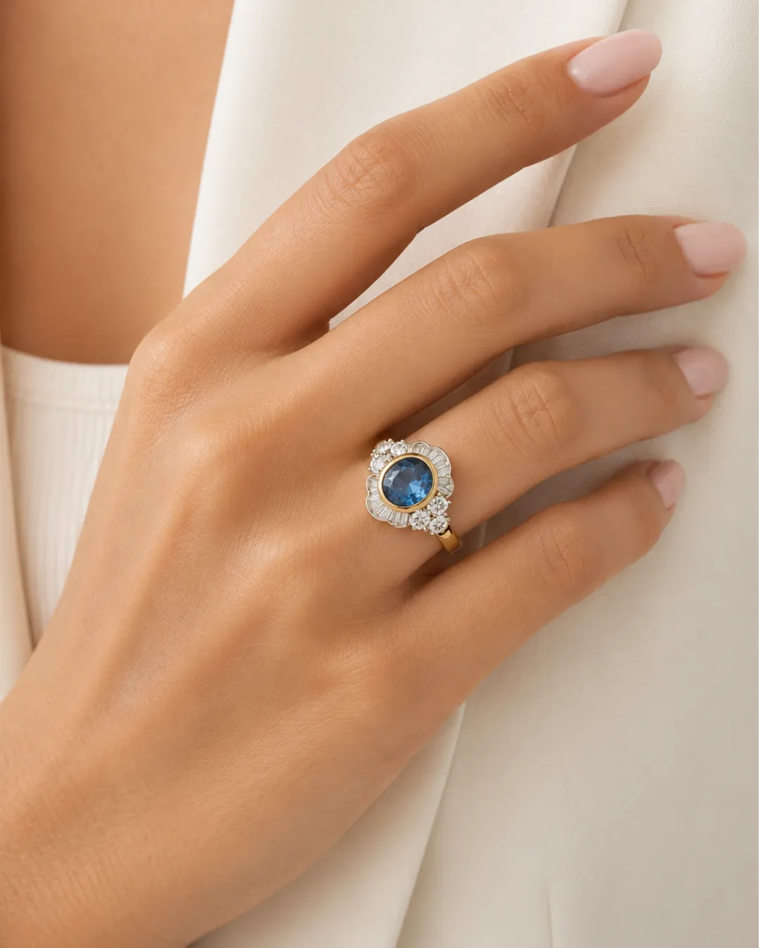 Anello in oro giallo 18kt con zaffiro naturale e diamanti, foto 4 di 4