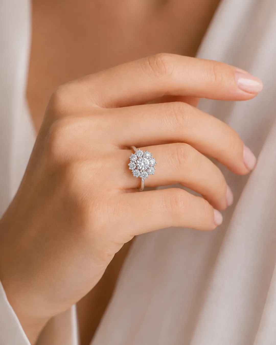 Anello margherita in oro bianco 18kt con diamanti brillanti, diamante centrale da 0,40 carati, foto 5 di 5