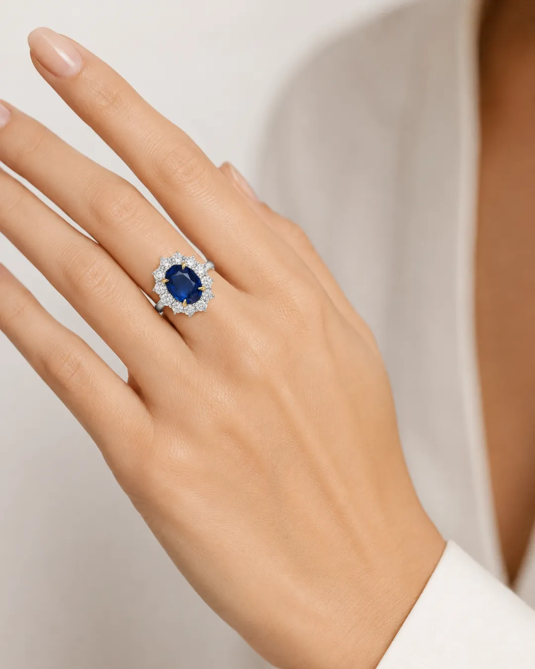 Anello in oro bianco 18kt con zaffiro centrale e diamanti brillanti, zaffiro da 3,05 carati circa, foto 5 di 5