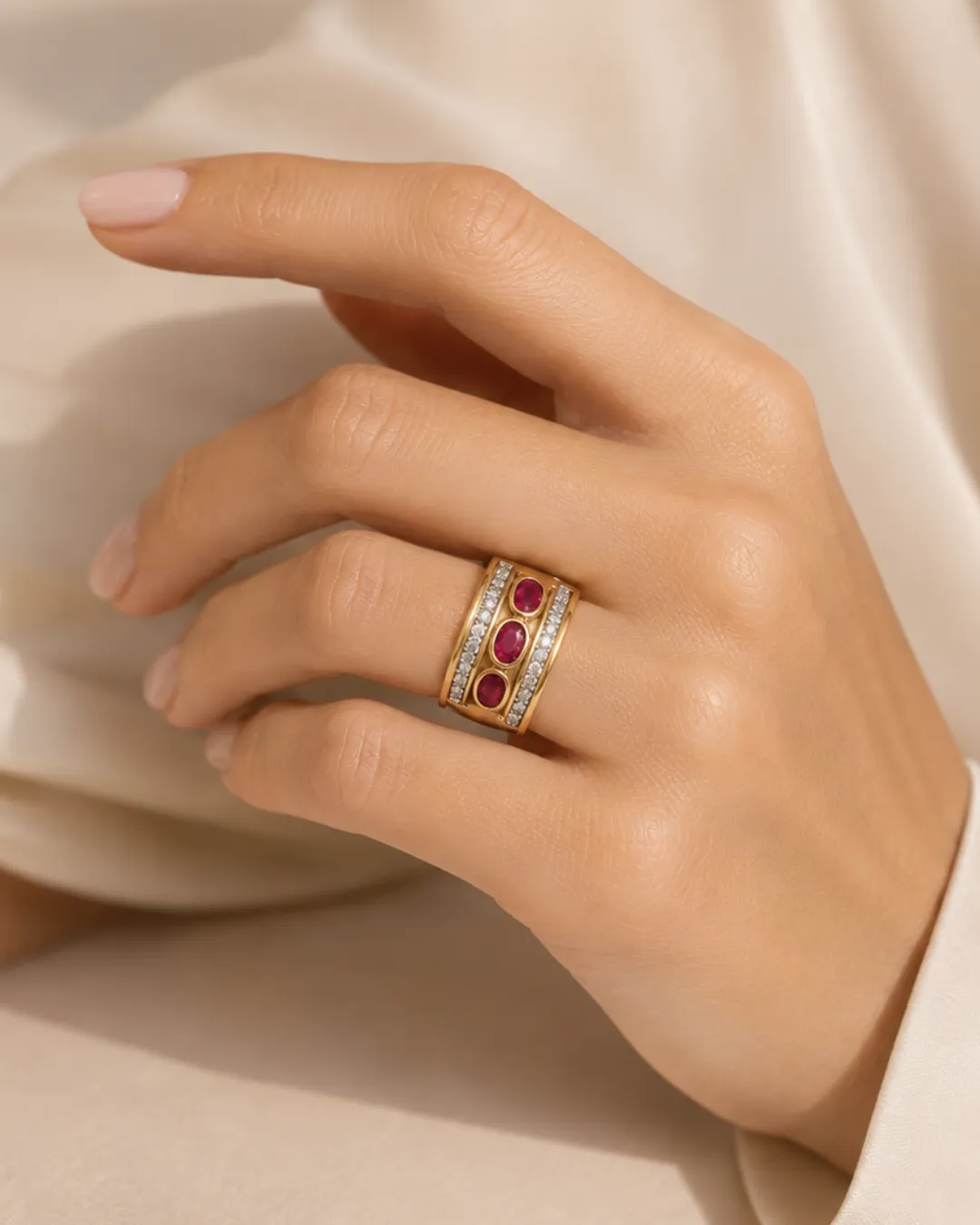 Anello in oro giallo e bianco 18kt con tre rubini centrali e diamanti brillanti, foto 5 di 5