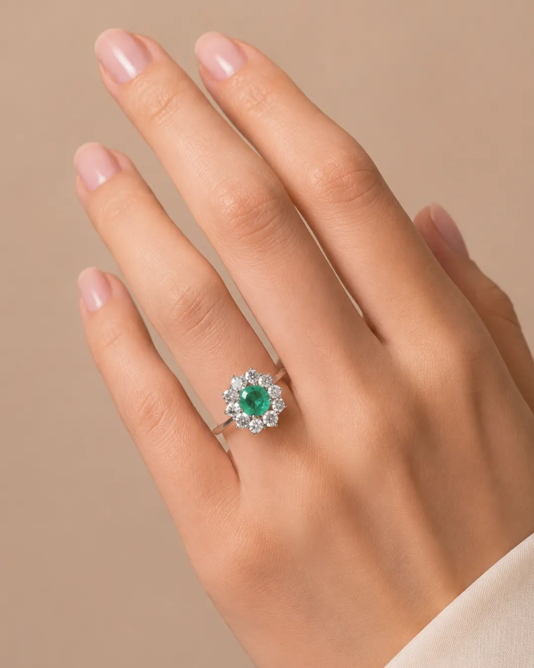 Anello margherita in oro bianco 18kt con smeraldo centrale e diamanti, foto 5 di 5
