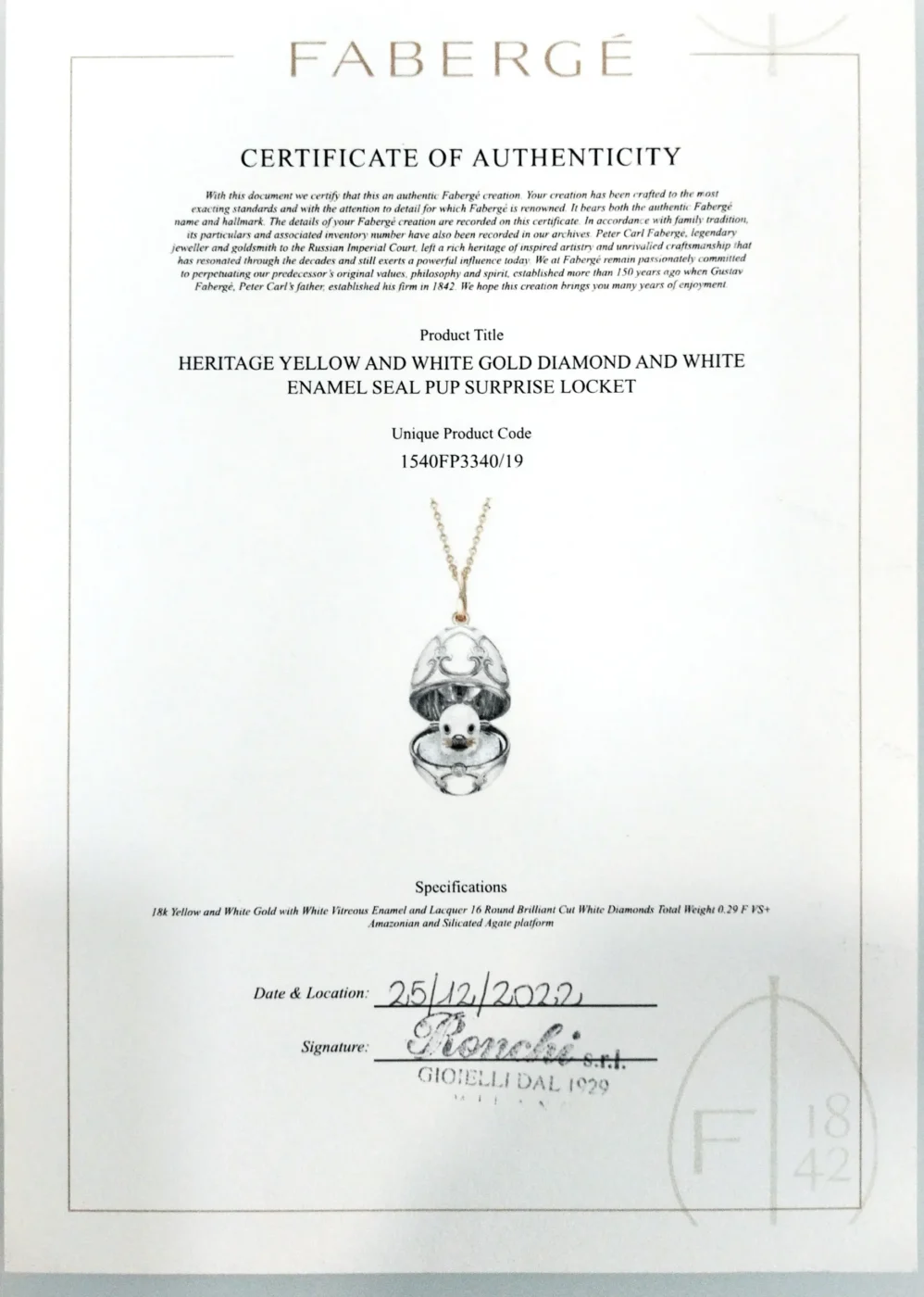 Collana Fabergé in oro bianco e giallo 18kt con medaglione apribile, diamanti e foca in lacca bianca, foto 8 di 8