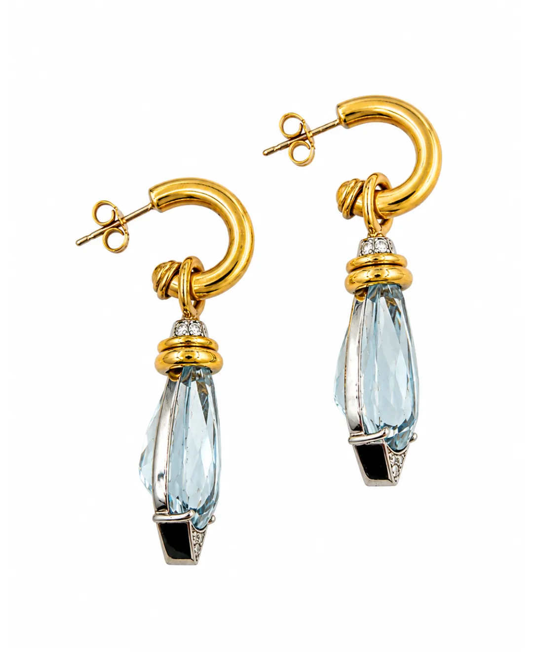 Orecchini a goccia in oro giallo 18kt con acquamarine e diamanti brillanti, foto 2 di 4