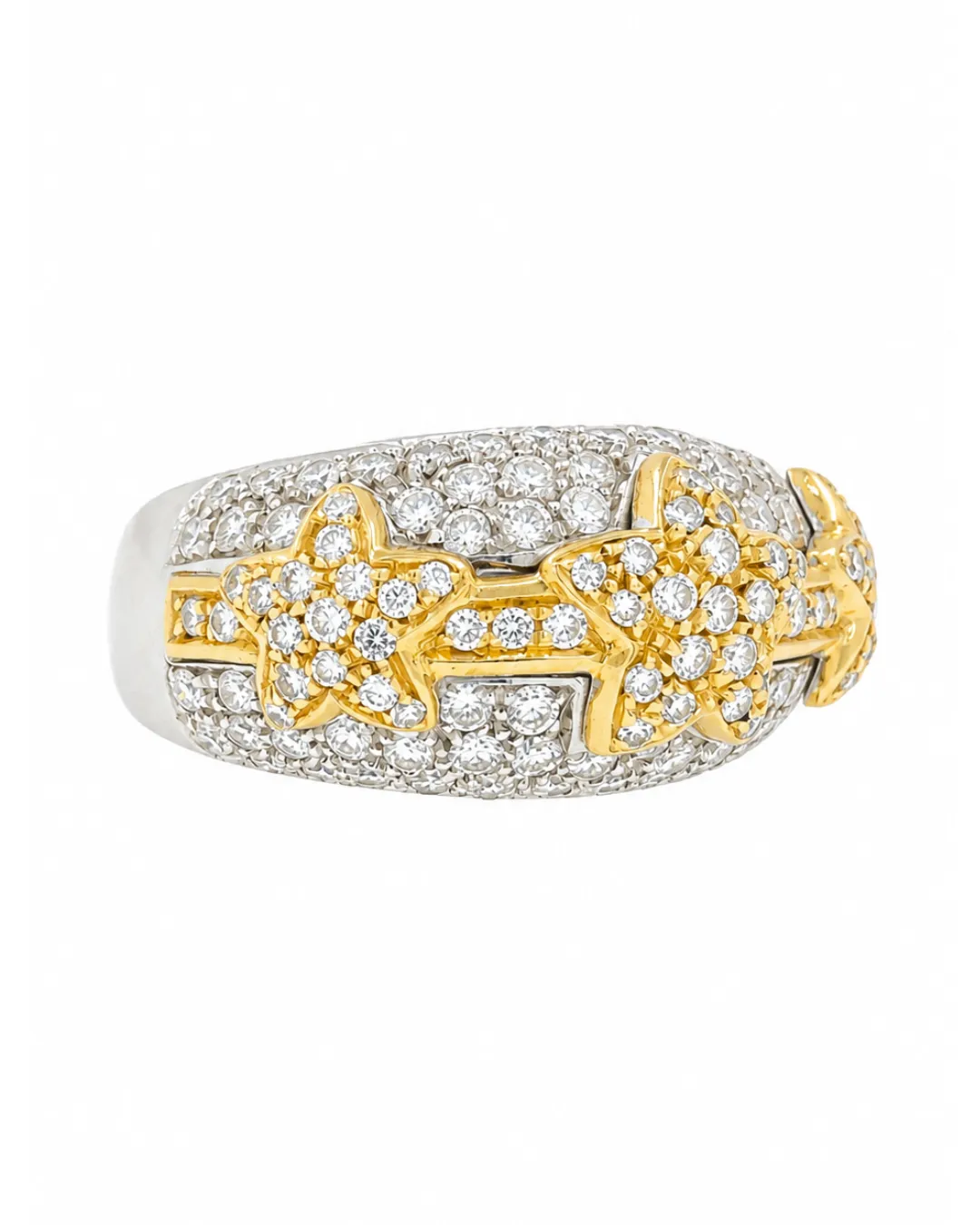 Anello in oro bianco e giallo 18kt con motivo a stelle e diamanti brillanti, foto 2 di 5