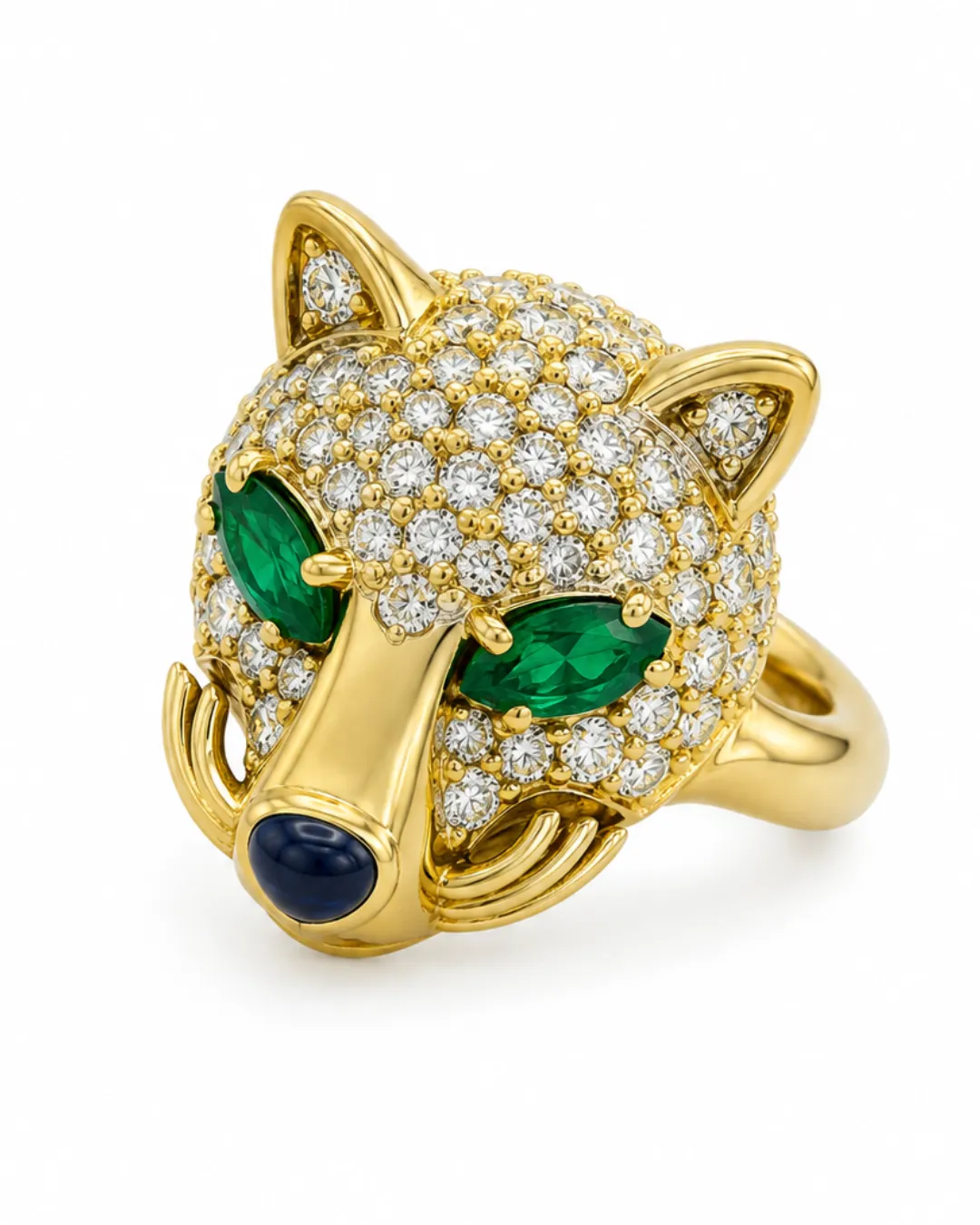 Anello a forma di volpe in oro giallo 18kt con diamanti, smeraldi e zaffiro, foto 2 di 4