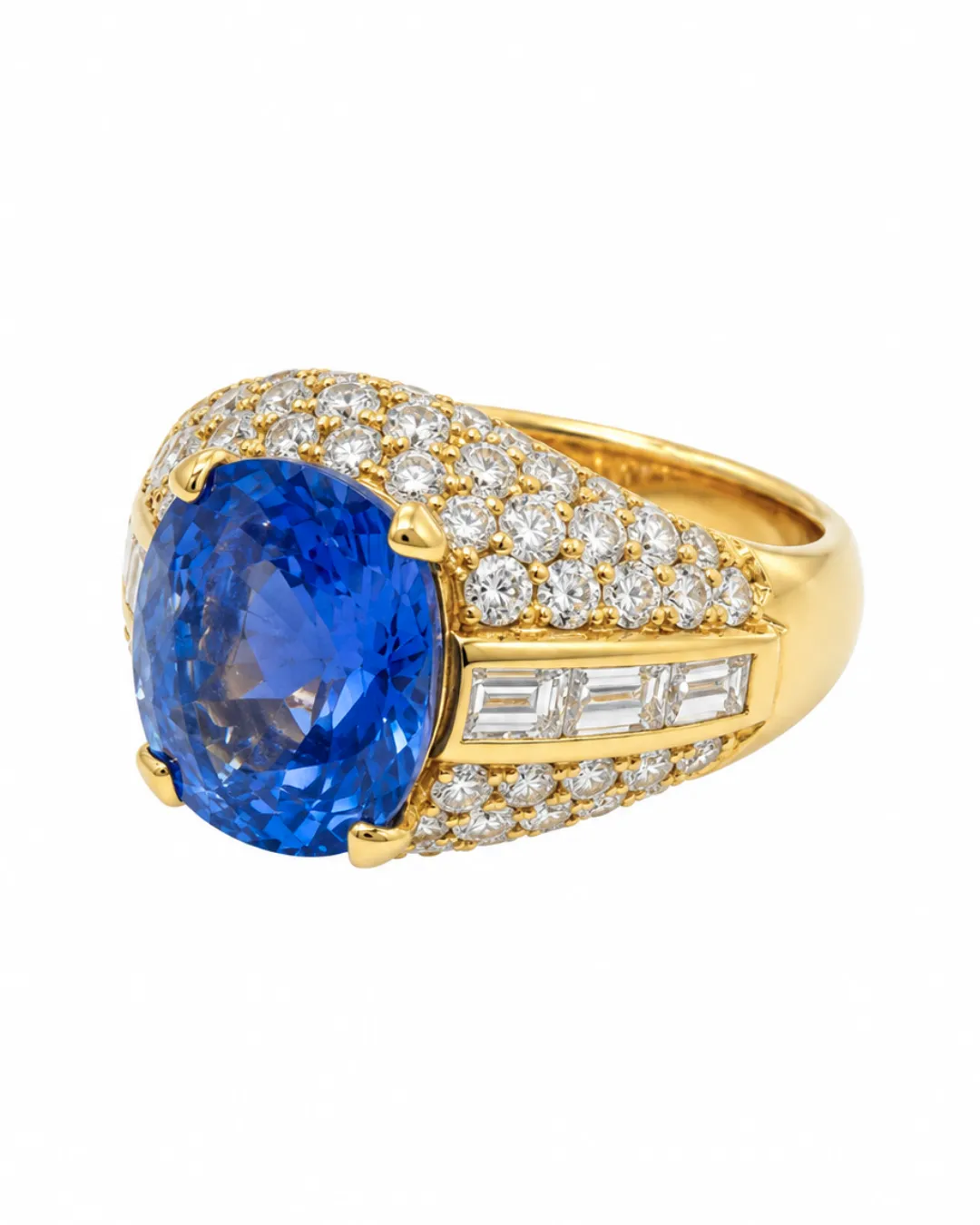 Anello in oro giallo 18kt con zaffiro e pavé di diamanti, foto 2 di 3
