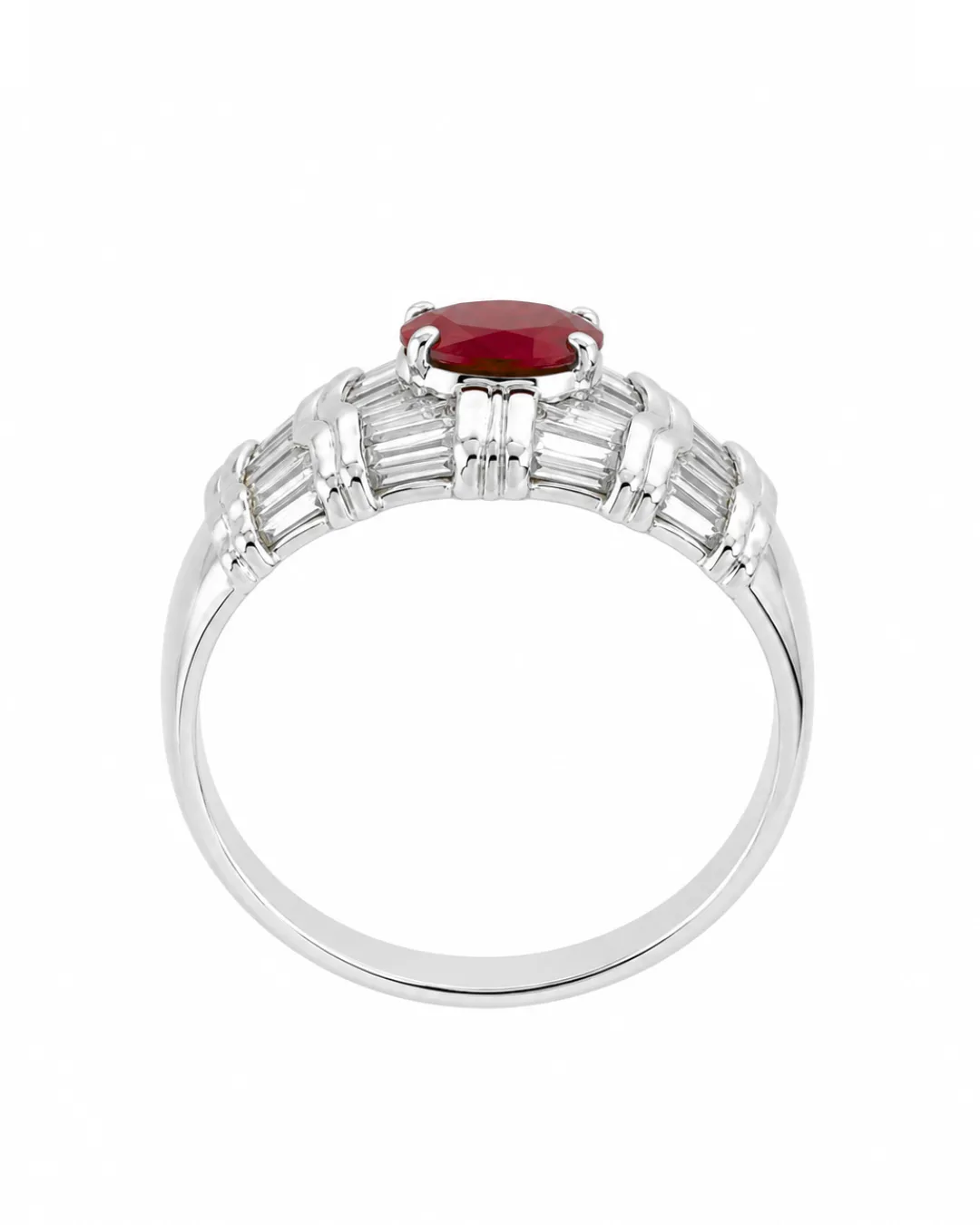 Anello in oro bianco 18kt con rubino e diamanti taglio baguette, foto 3 di 4