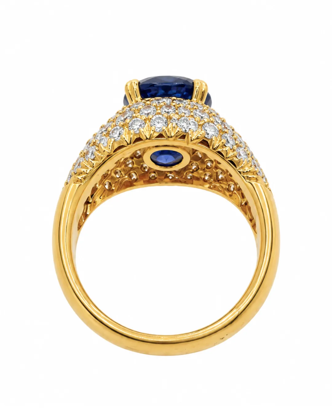 Anello in oro giallo 18kt con zaffiro e pavé di diamanti, foto 3 di 3