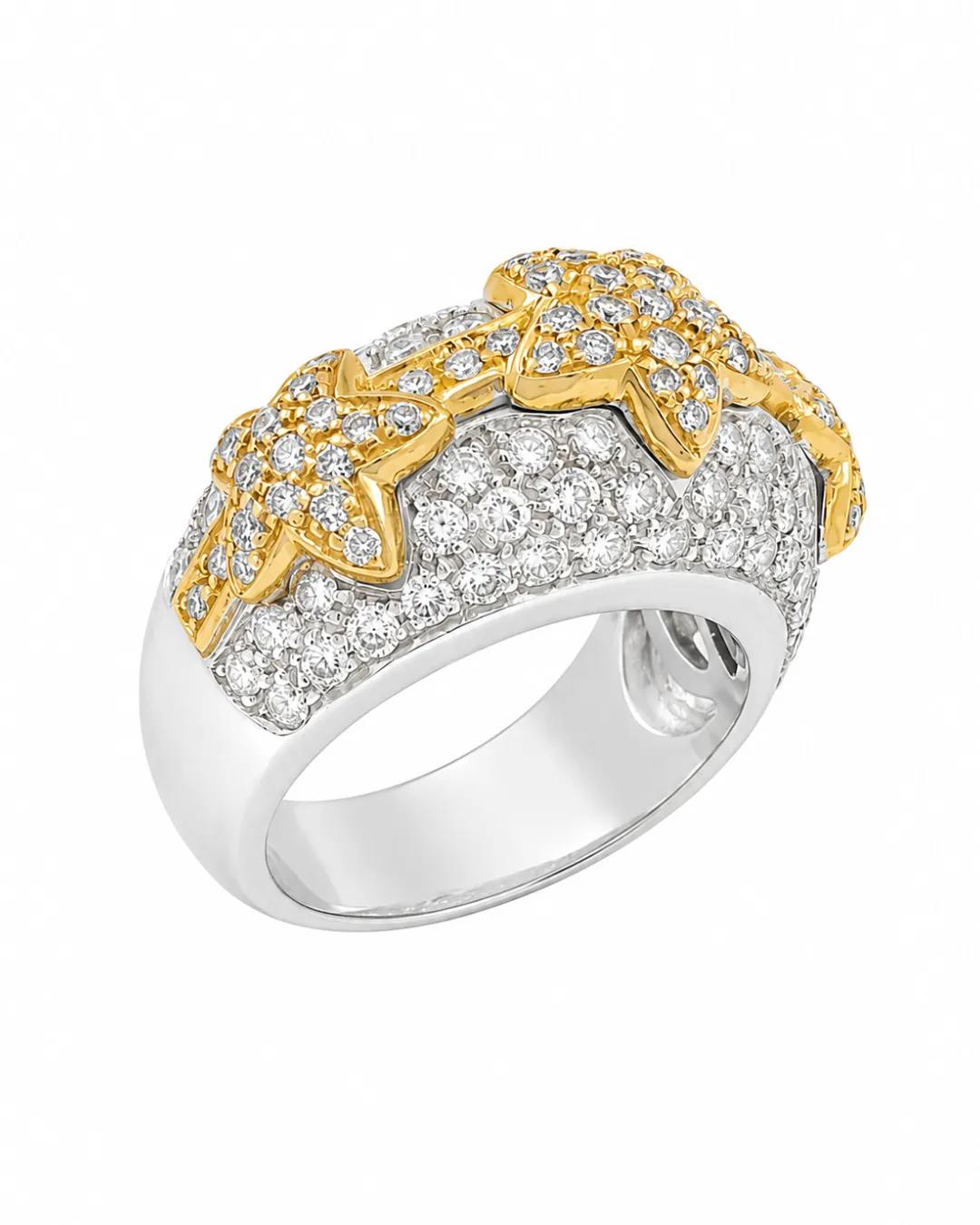 Anello in oro bianco e giallo 18kt con motivo a stelle e diamanti brillanti, foto 3 di 5