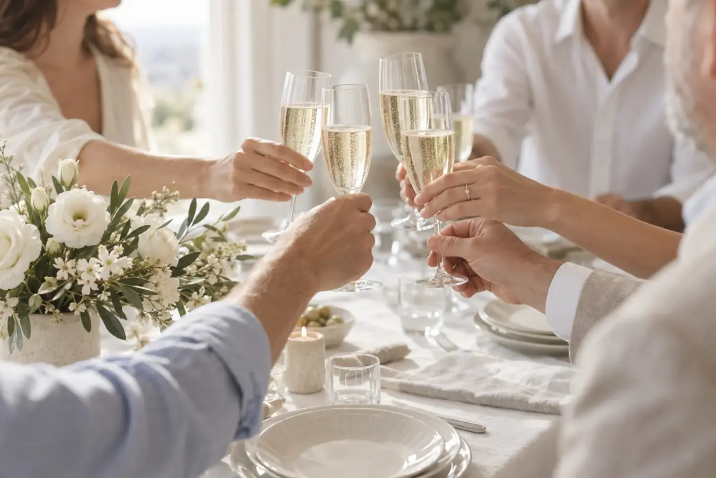 Brindisi con calici di spumante a una tavola apparecchiata con fiori bianchi, per festeggiare una ricorrenza