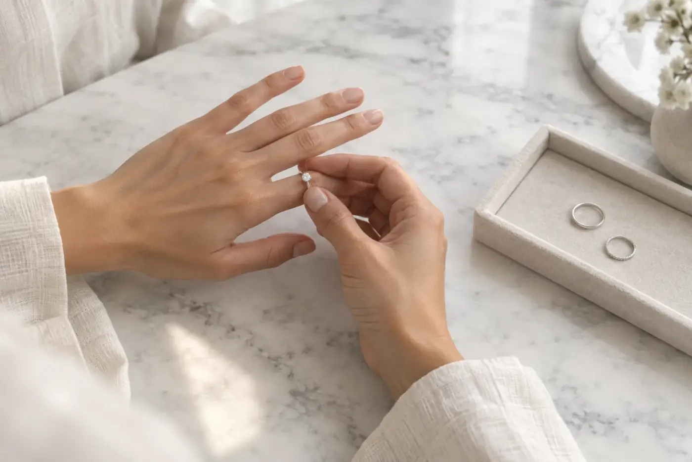 Una donna prova un solitario con diamante su un piano di marmo; accanto, un vassoio con altri due anelli
