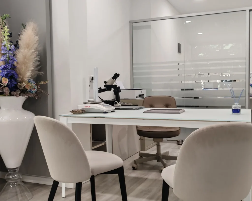 Sala consulenza del negozio Luna Bologna in Via Carlo Jussi 20/E, a San Lazzaro di Savena, con microscopio gemmologico e bilancia di precisione